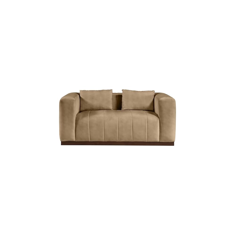 44098Tan-L Mallina Collection Modern | Contemporary Loveseat with Soft Tan Vegan Leather, Walnut Finish Solid Wood Base, Deep Channel Tufting, 67" W x 36" D x 28.5" H, Tan