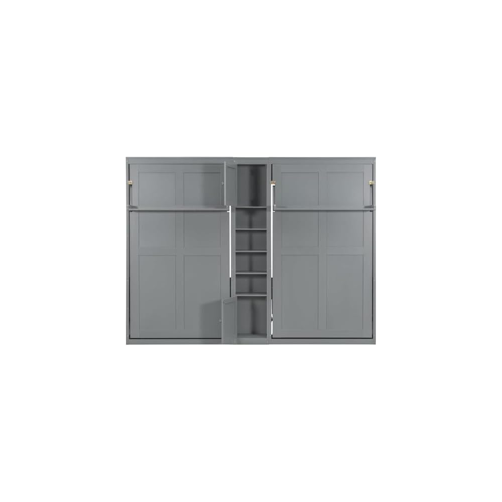 Dual Twin Murphy Beds with Storage Shelves and Cabinets, Pine Wood Space-Saving Hideaway Double Murphy Wall Beds with Storage,Support Legs and Slats