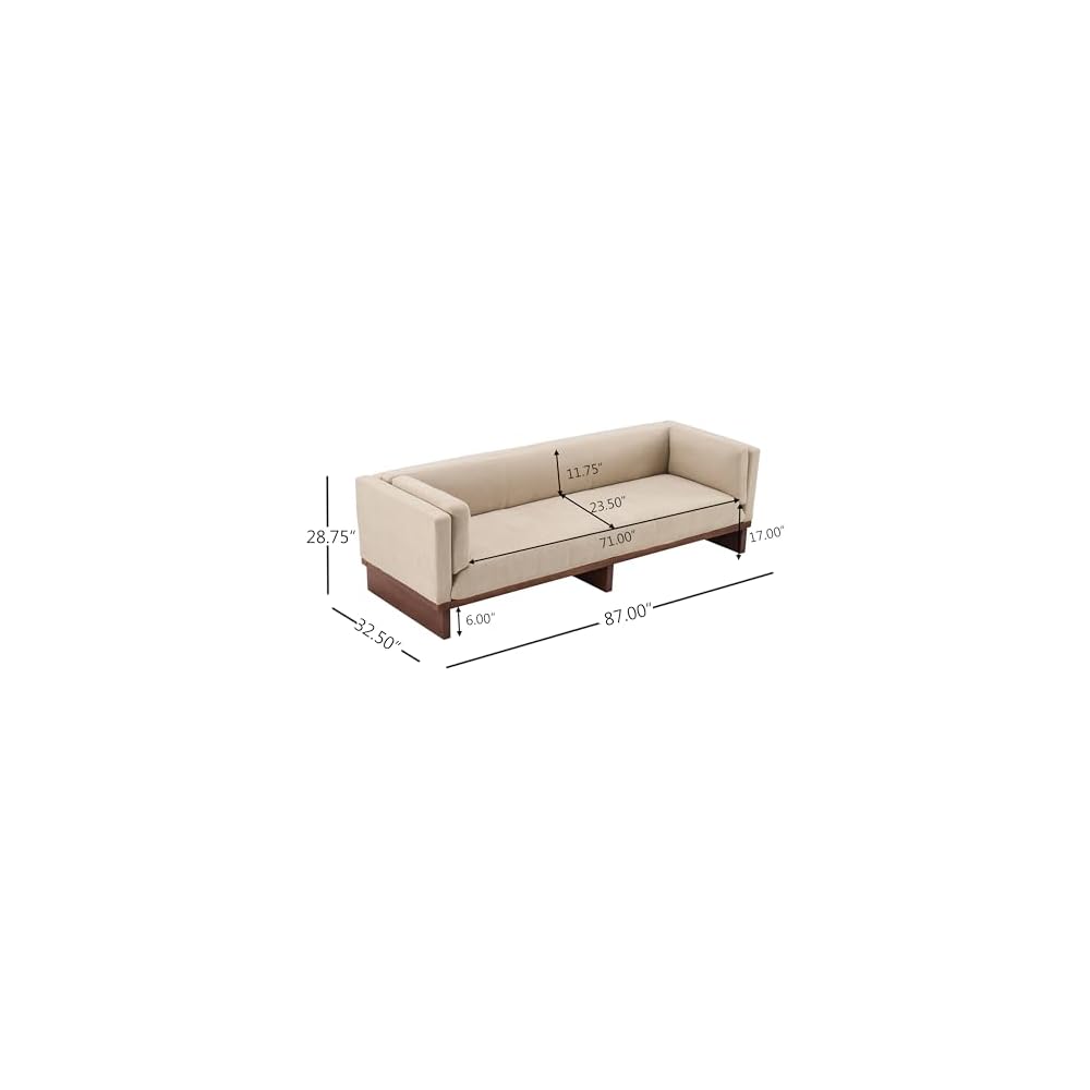 87" Recessed Modern Sofa Couch, 3 Seater Deep Seat Upholstered Polyester Fabric Sofa with Straight Back, Arms & Solid Wood Frame, Accent Sofa for Living Room Bedroom, Almond