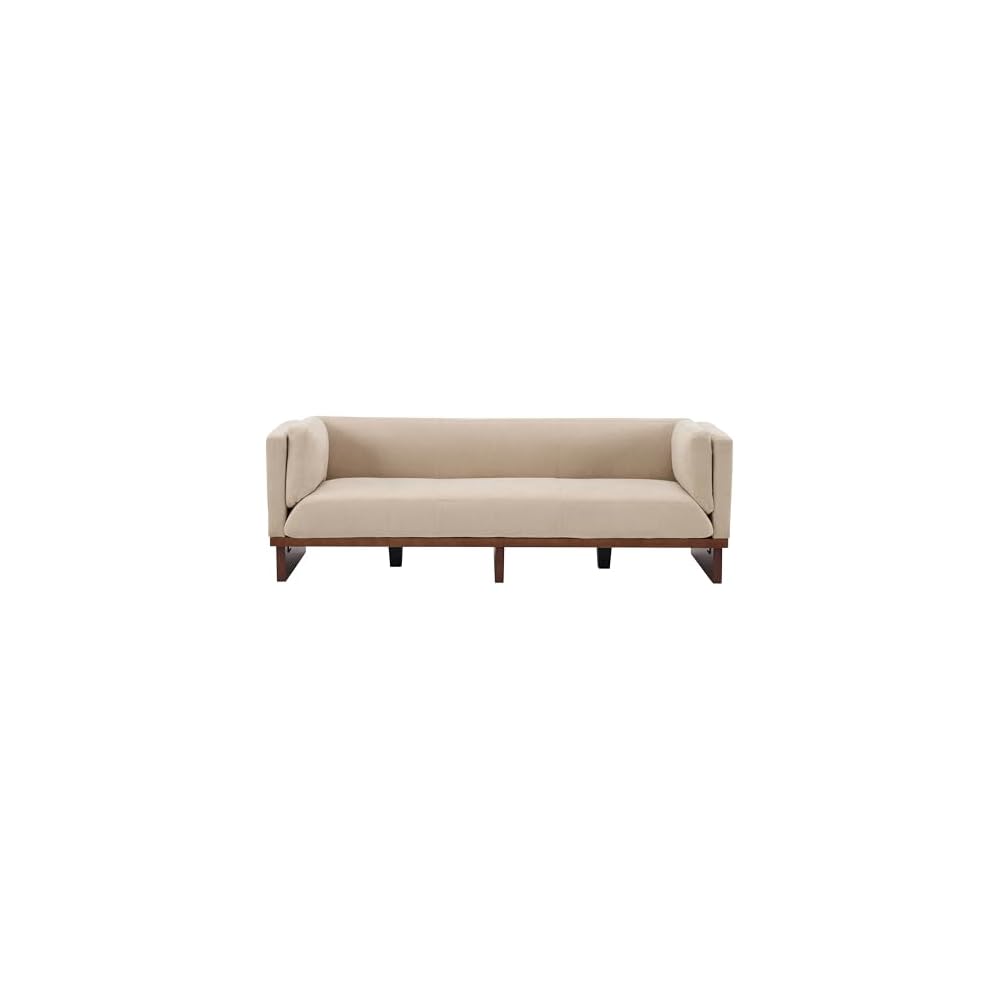 87" Recessed Modern Sofa Couch, 3 Seater Deep Seat Upholstered Polyester Fabric Sofa with Straight Back, Arms & Solid Wood Frame, Accent Sofa for Living Room Bedroom, Almond