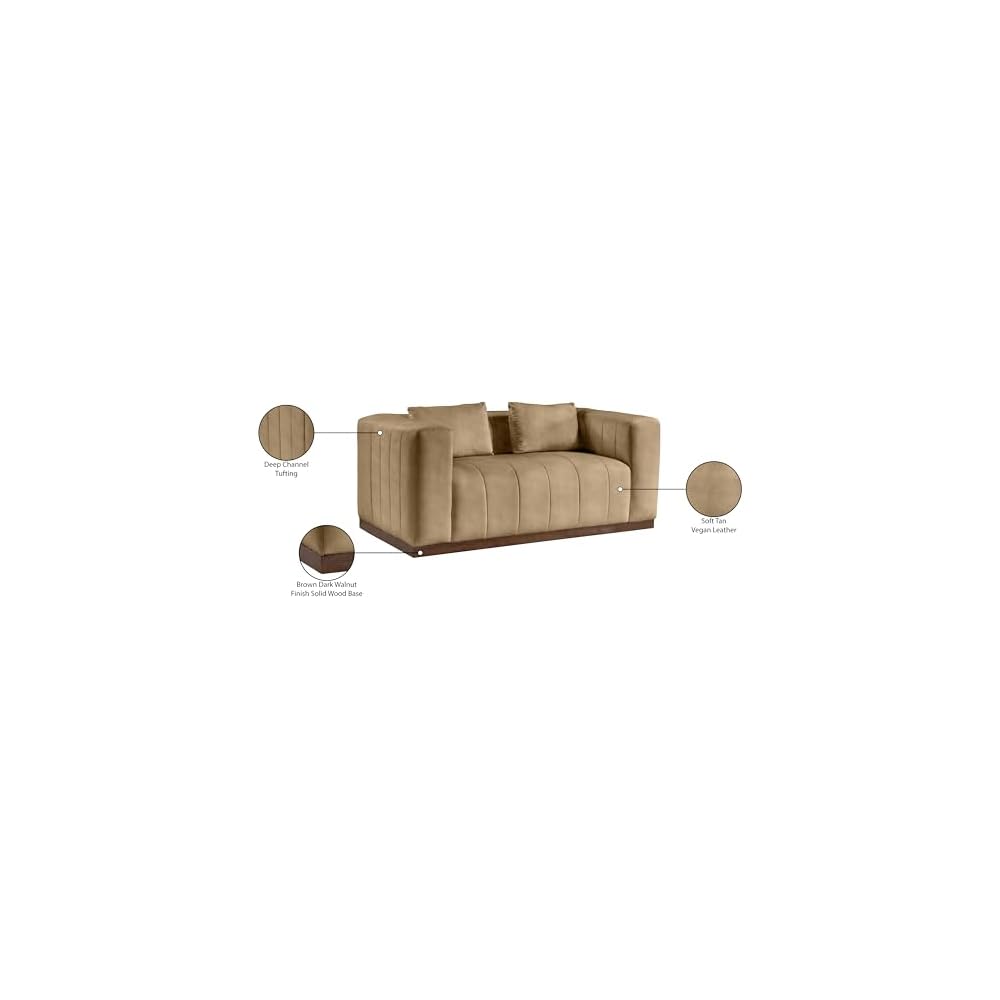 44098Tan-L Mallina Collection Modern | Contemporary Loveseat with Soft Tan Vegan Leather, Walnut Finish Solid Wood Base, Deep Channel Tufting, 67" W x 36" D x 28.5" H, Tan