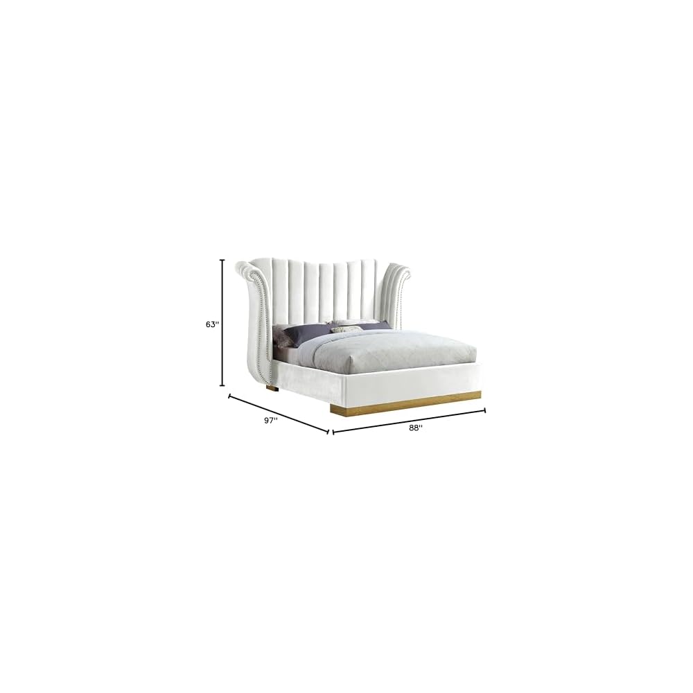 Flora Collection Modern | Contemporary Velvet Upholstered Bed Nailheads, Deep Channel Tufting and Gold Metal Base, King, White