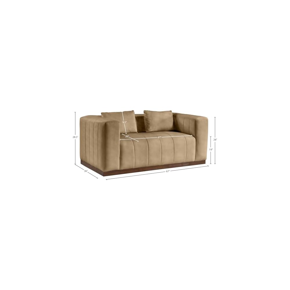 44098Tan-L Mallina Collection Modern | Contemporary Loveseat with Soft Tan Vegan Leather, Walnut Finish Solid Wood Base, Deep Channel Tufting, 67" W x 36" D x 28.5" H, Tan