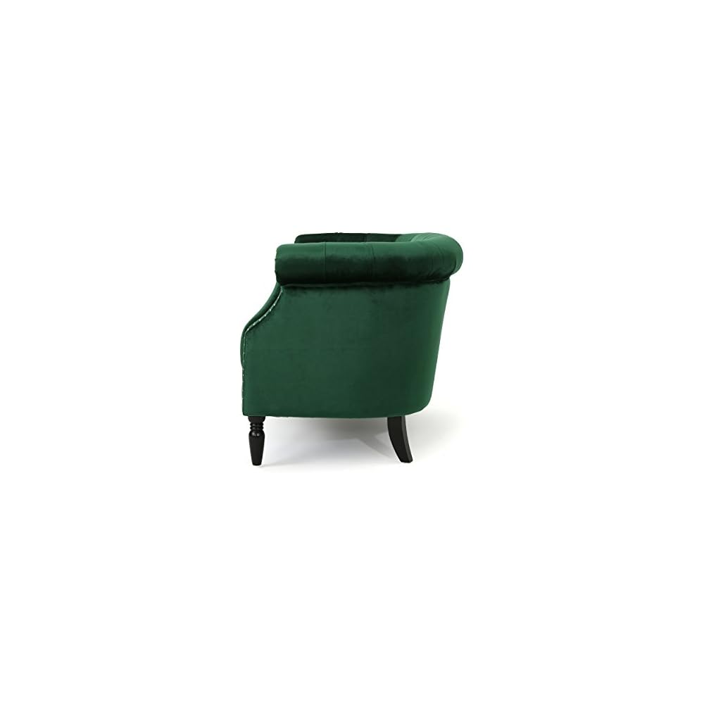 Melaina Tufted Chesterfield Velvet Loveseat with Scrolled Arms, Emerald and Dark Brown