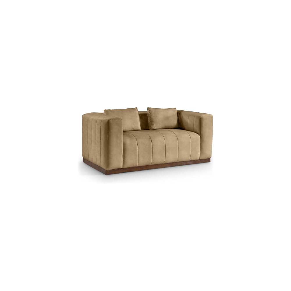 44098Tan-L Mallina Collection Modern | Contemporary Loveseat with Soft Tan Vegan Leather, Walnut Finish Solid Wood Base, Deep Channel Tufting, 67" W x 36" D x 28.5" H, Tan