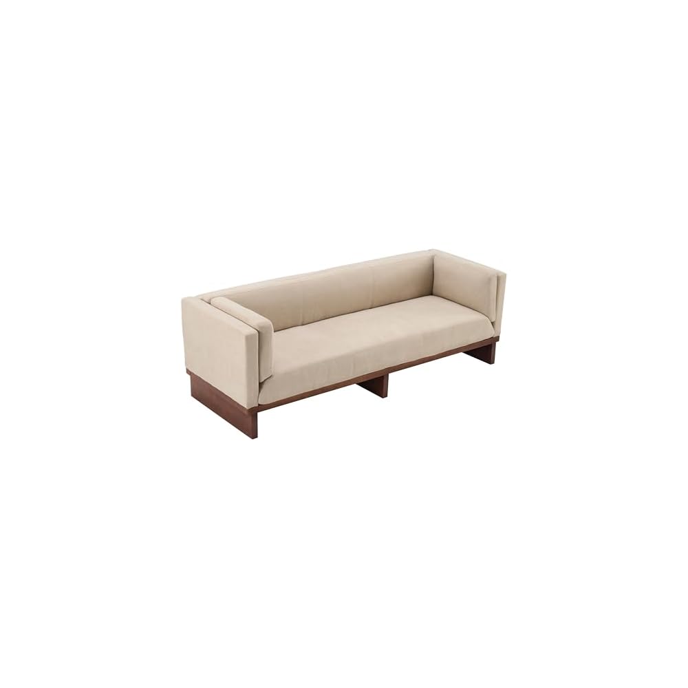 87" Recessed Modern Sofa Couch, 3 Seater Deep Seat Upholstered Polyester Fabric Sofa with Straight Back, Arms & Solid Wood Frame, Accent Sofa for Living Room Bedroom, Almond