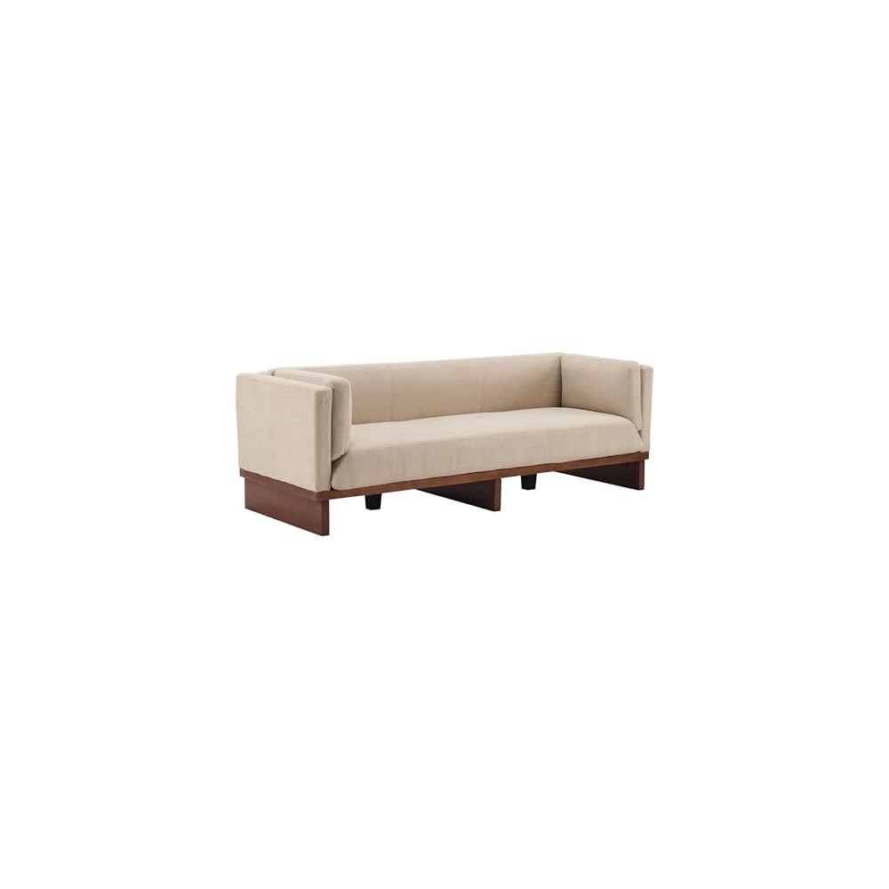 87" Recessed Modern Sofa Couch, 3 Seater Deep Seat Upholstered Polyester Fabric Sofa with Straight Back, Arms & Solid Wood Frame, Accent Sofa for Living Room Bedroom, Almond