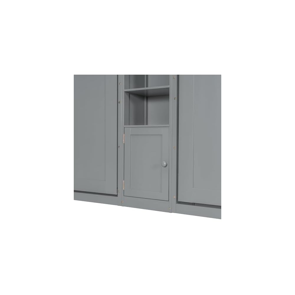 Dual Twin Murphy Beds with Storage Shelves and Cabinets, Pine Wood Space-Saving Hideaway Double Murphy Wall Beds with Storage,Support Legs and Slats