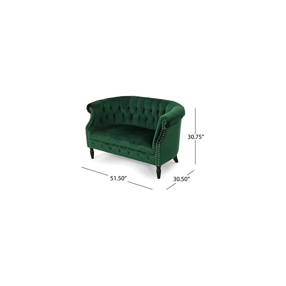 Melaina Tufted Chesterfield Velvet Loveseat with Scrolled Arms, Emerald and Dark Brown
