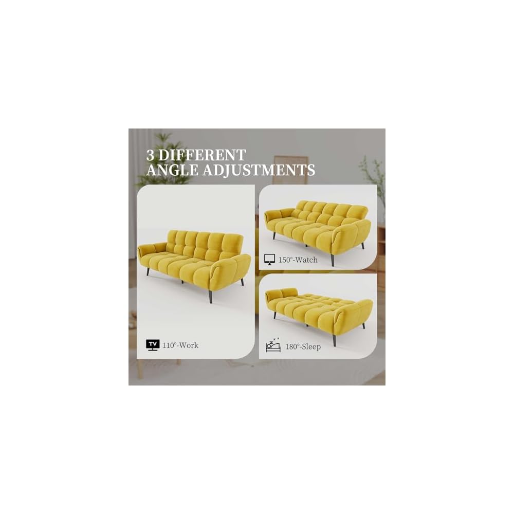 Convertible Futon Sofa Bed, 76.77" Modern Linen Futon Couch, Comfy Sleeper Sofa with Adjustable Backrests, Couch Bed for Small Spaces, Living Room, Bedroom, Apartment, Golden Yellow