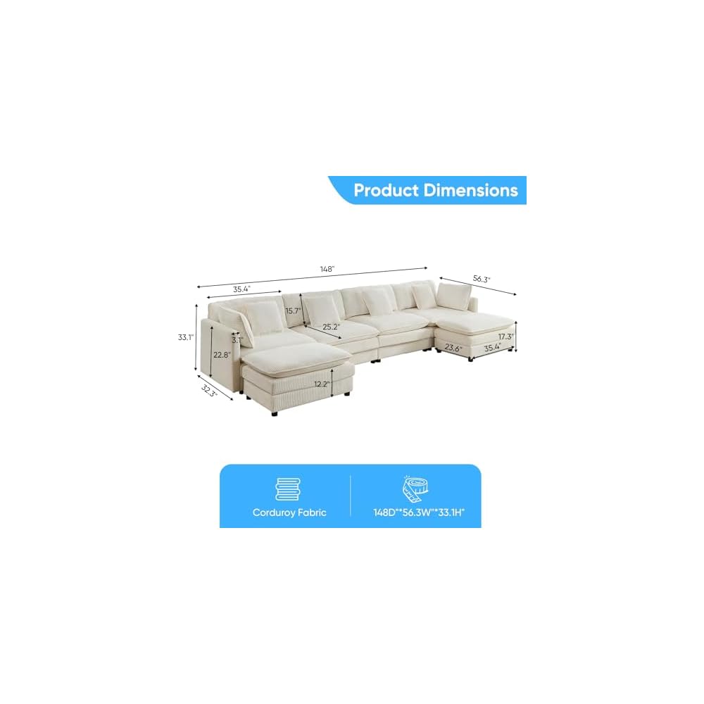 148” U Shape Sectional Couch with Movable Ottoman，Beige