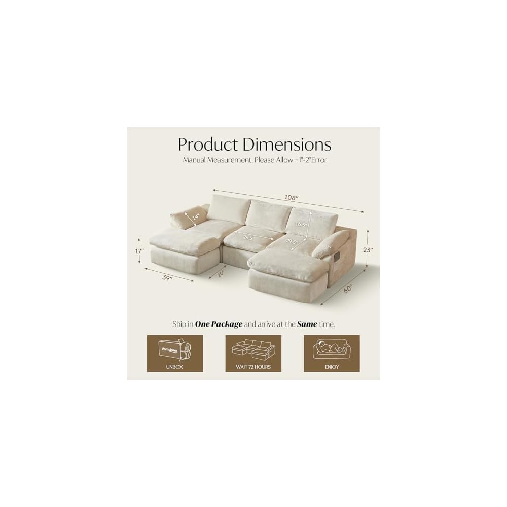 U-Shaped Sectional Sofa with 2 Ottomans, Beige 60.6''x108''x22.8''