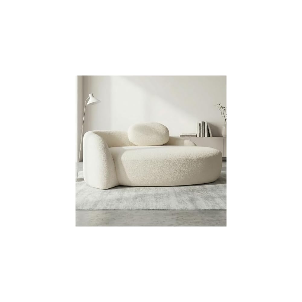 67" Modern Oval Lazy Sofa, Lounge Sofa Indoor with Pillow & Side Armrest, Boucle Fabric Compact Accent Couch Chair, Comfy Loveseat Sleeper for Living Room Bedroom Small Spaces (Beige)