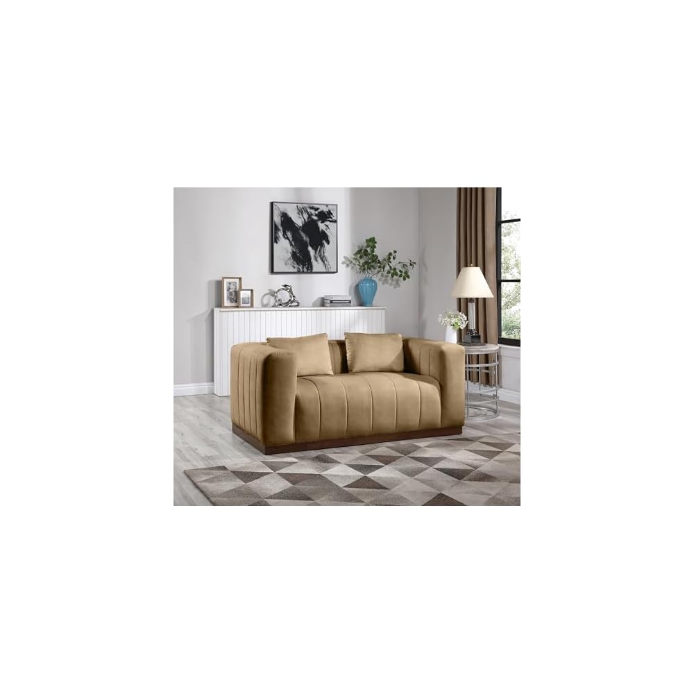 44098Tan-L Mallina Collection Modern | Contemporary Loveseat with Soft Tan Vegan Leather, Walnut Finish Solid Wood Base, Deep Channel Tufting, 67" W x 36" D x 28.5" H, Tan