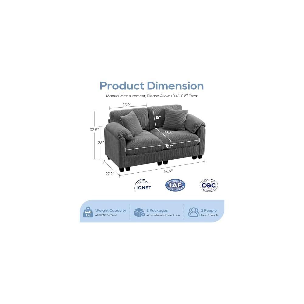 115'' Oversized Sectional Modular Sofa with Ottoman, U-Shaped Modern Sectional Couches for Living Room with 2 Throw Pillows and Deep Seat, Center Stitched Design (Grey, Loveseat)