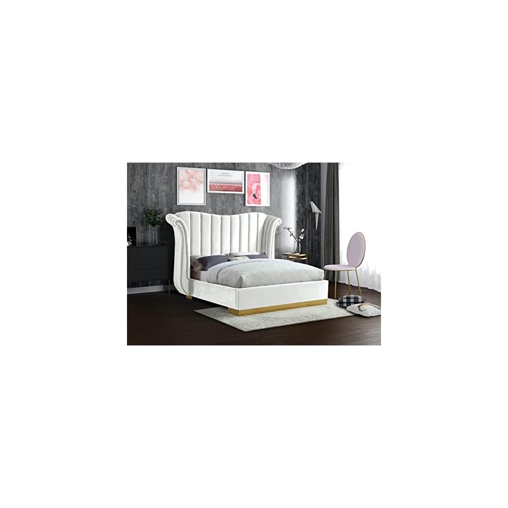 Flora Collection Modern | Contemporary Velvet Upholstered Bed Nailheads, Deep Channel Tufting and Gold Metal Base, King, White