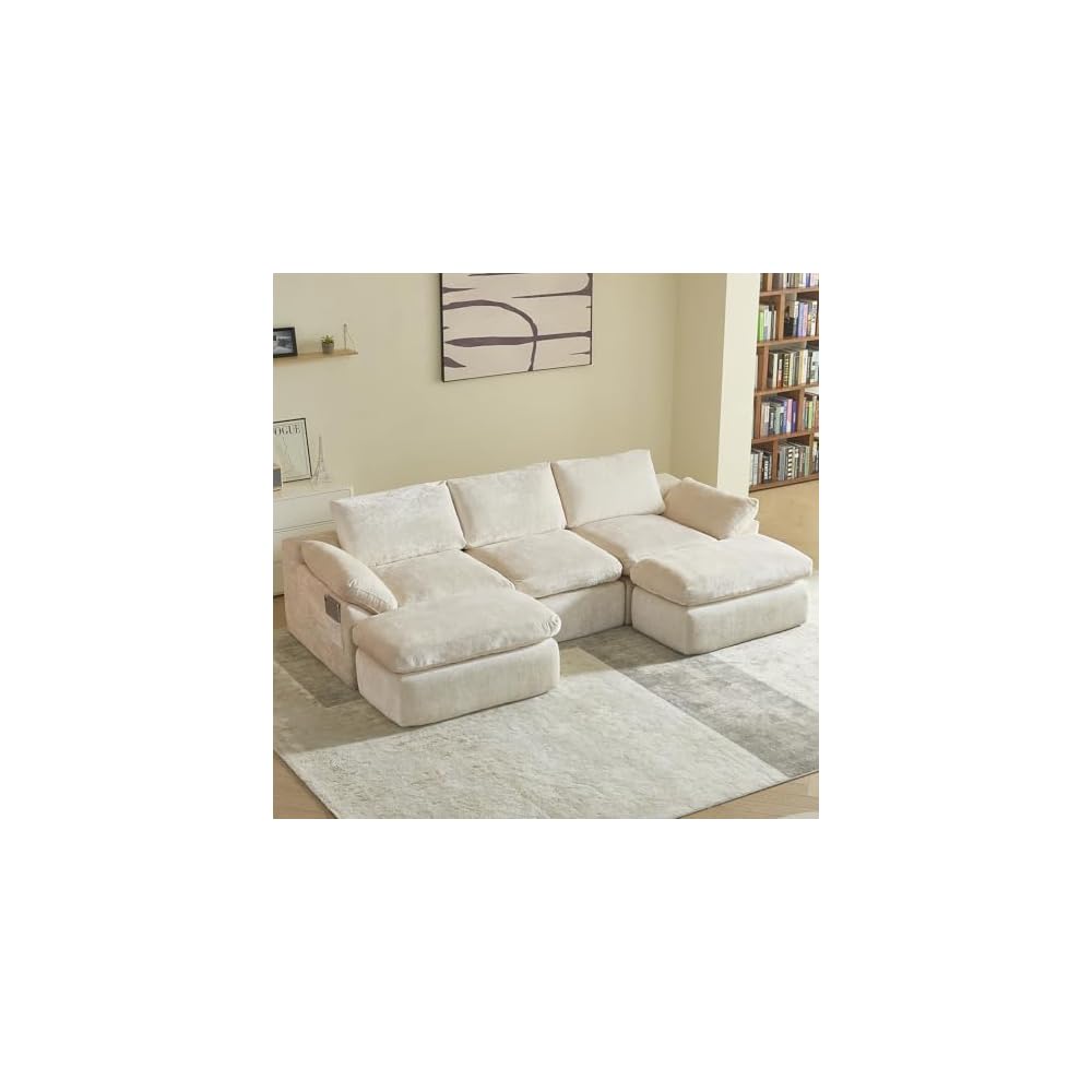 U-Shaped Sectional Sofa with 2 Ottomans, Beige 60.6''x108''x22.8''