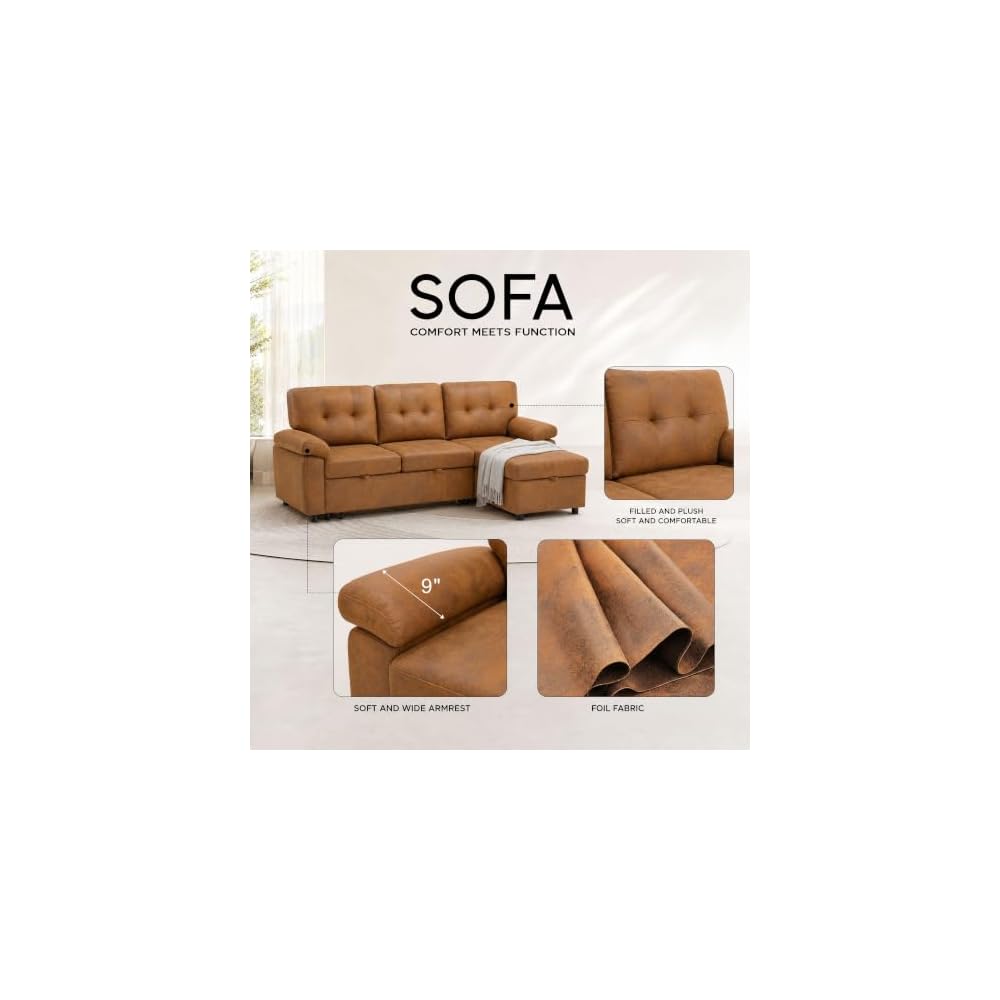 88.5 Inch L-Shaped Sectional Sofa Bed with Storage Chaise and Padded Armrests, Convertible Pull-Out Sleeper Sofa Couch for Living Room, Brown