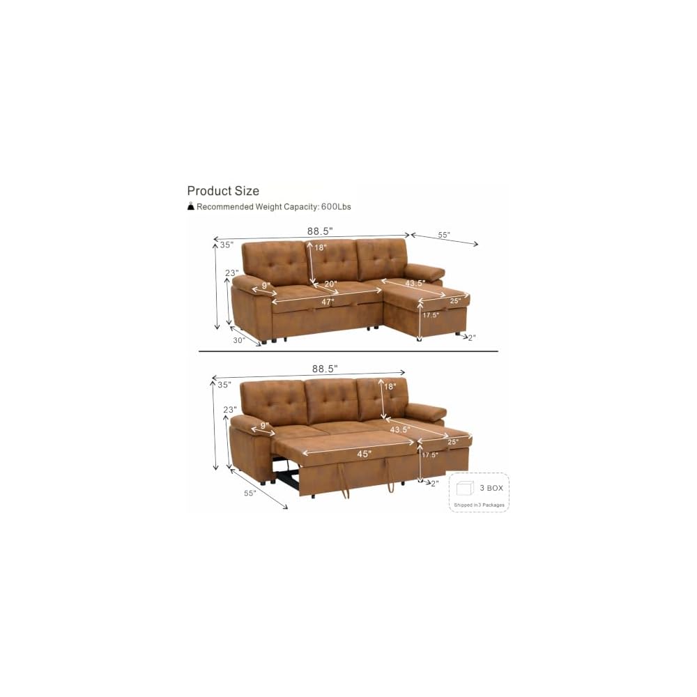88.5 Inch L-Shaped Sectional Sofa Bed with Storage Chaise and Padded Armrests, Convertible Pull-Out Sleeper Sofa Couch for Living Room, Brown