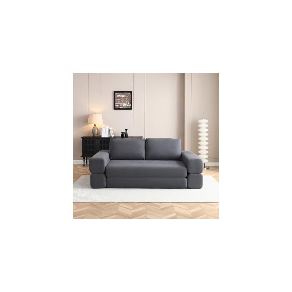 81” Convertible Sleeper Sofa Bed, High Back Plush Corduroy Boneless Futon Loveseat with Pull Out Bed, Folding Floor Mattress Couch, No Assembly Required (Gray)