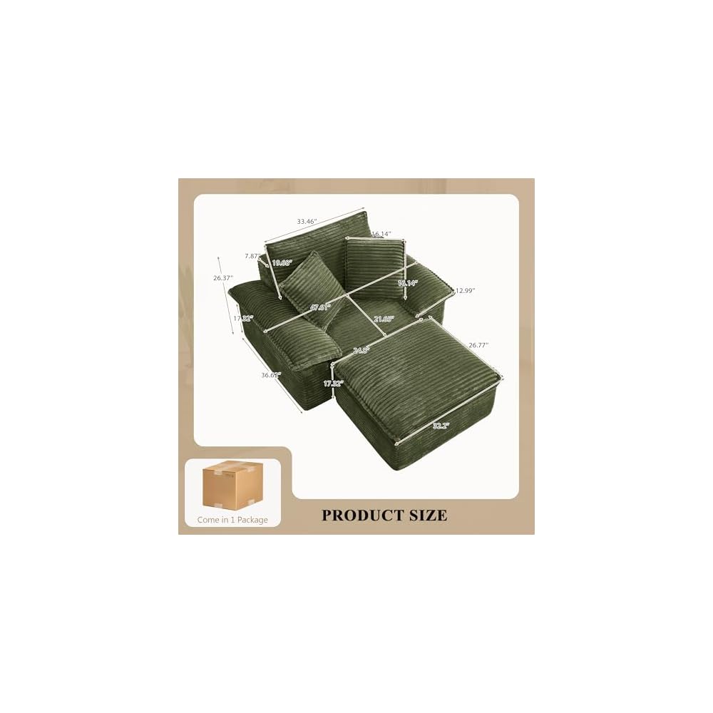 63" Oversized Lounge Sofa Chair with Ottoman, Deep Seat Cloud Couch Bed, Modular 1-Seater Sectional Sleeper Sofa, No Assembly Corduroy Couch for Reading Nook & Cozy Corner