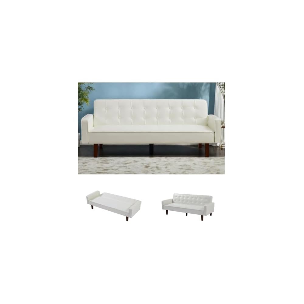 PU Leather Couch Bed, 3 Seater Leather Sofa with Adjustable Backrest, Leather Sofa Couch with Wood Legs, Modern Convertible Loveseat Sofa for Office & Living Room, Leather White