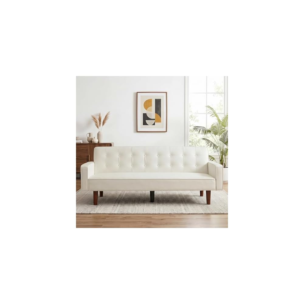 PU Leather Couch Bed, 3 Seater Leather Sofa with Adjustable Backrest, Leather Sofa Couch with Wood Legs, Modern Convertible Loveseat Sofa for Office & Living Room, Leather White