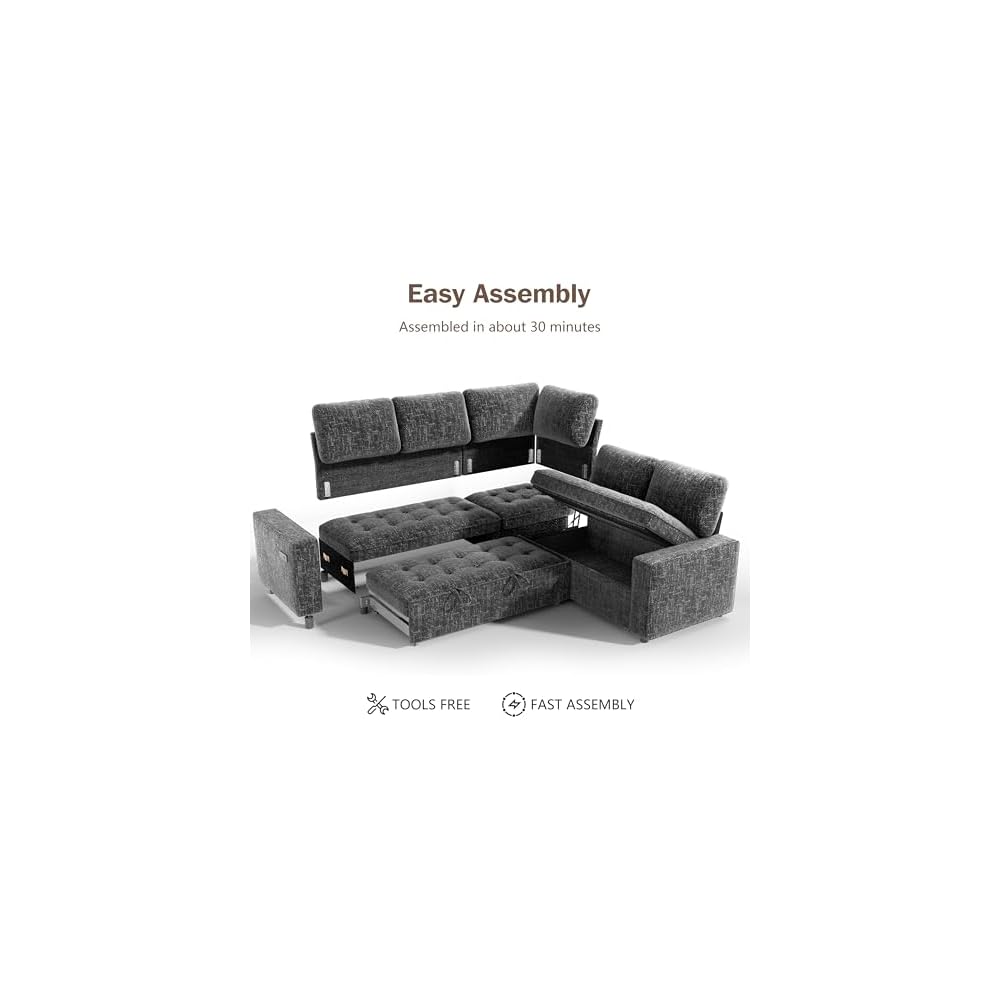 5-Seat Modular Sleeper Sofa with Pull-Out Bed & Storage, L-Shaped Chenille Sectional Couch, Reclining Backrest & USB Charging for Small Space Living Room, Dark Grey