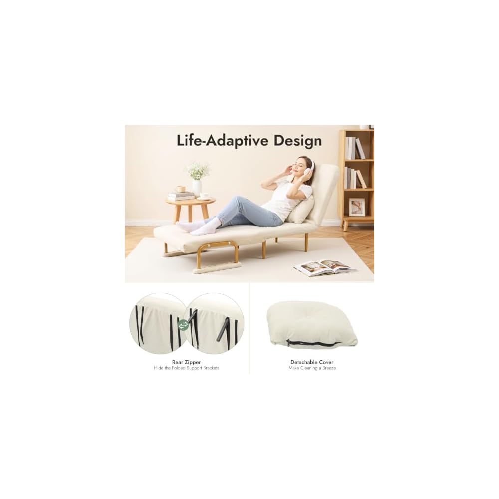 Sleep Chair Bed, Convertible Sleeper Chairs for Adults, 5-Position Recliner & 286lbs Capacity, White Folding Sofa Bed with Adjustable Backrest & Pillow for Small Space, Office