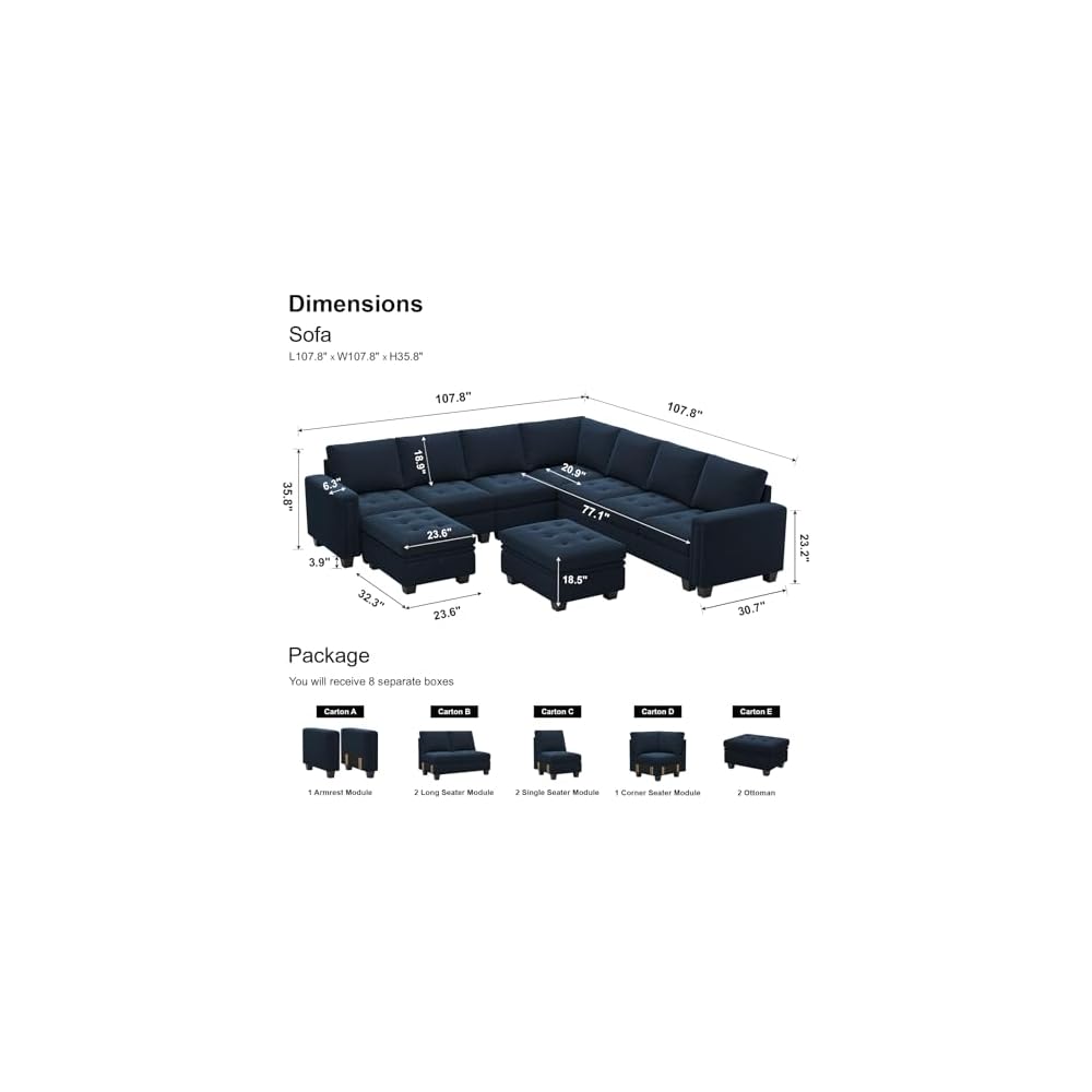 Modular Sectional Sofa U Shaped Sectional Couch with Storage Ottoman Velvet 9-Seater Convertible Sectional Sofa with Chaises Blue