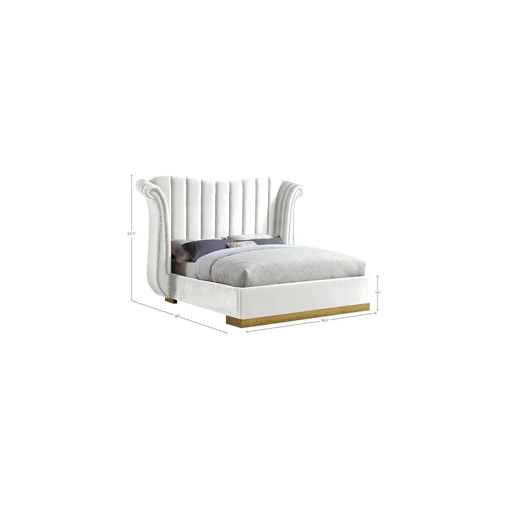 Flora Collection Modern | Contemporary Velvet Upholstered Bed Nailheads, Deep Channel Tufting and Gold Metal Base, King, White