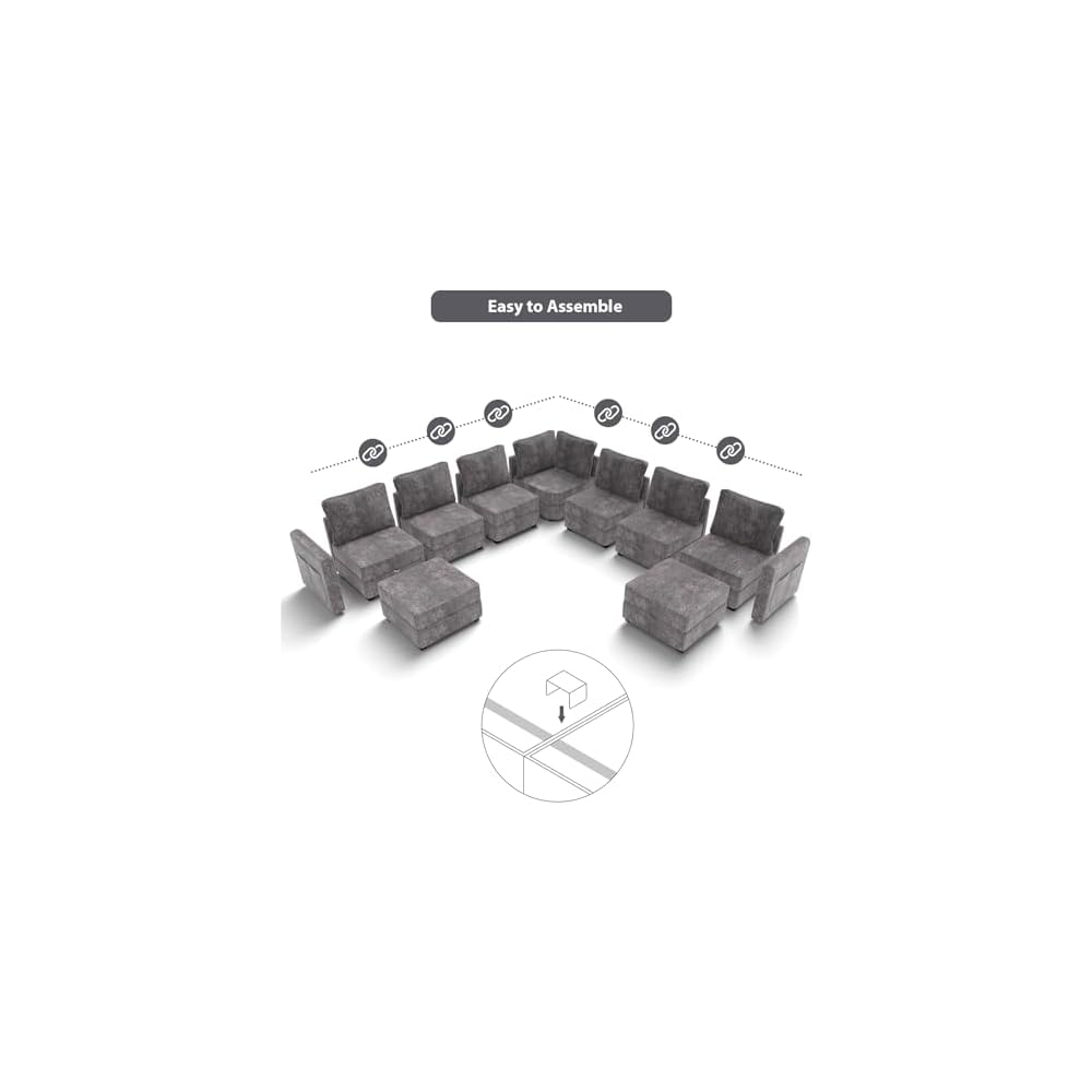 Modular Sectional Sofa, Convertible Couch with Hidden Storage, Side Pockets Tool-Free Assembly, Round-Edge Design, Grey, Armless Single seat