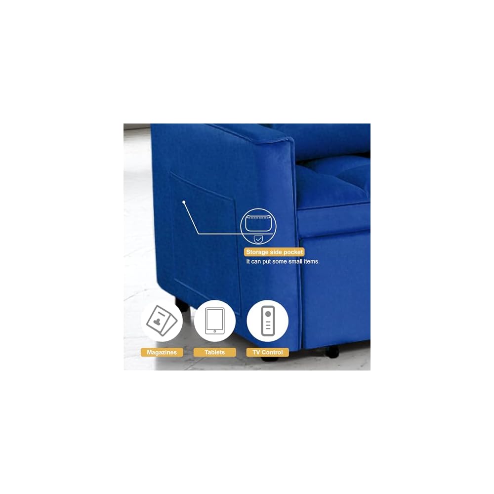 3 in 1 Sleeper Sofa Bed, Futon Sofa Bed for Living Room with Side Pocket, Blue Sleepers Sofas Couch with Pullout Beds, Convertible Love Seat Sleepers couch for Living Room, Bedroom, Small Space