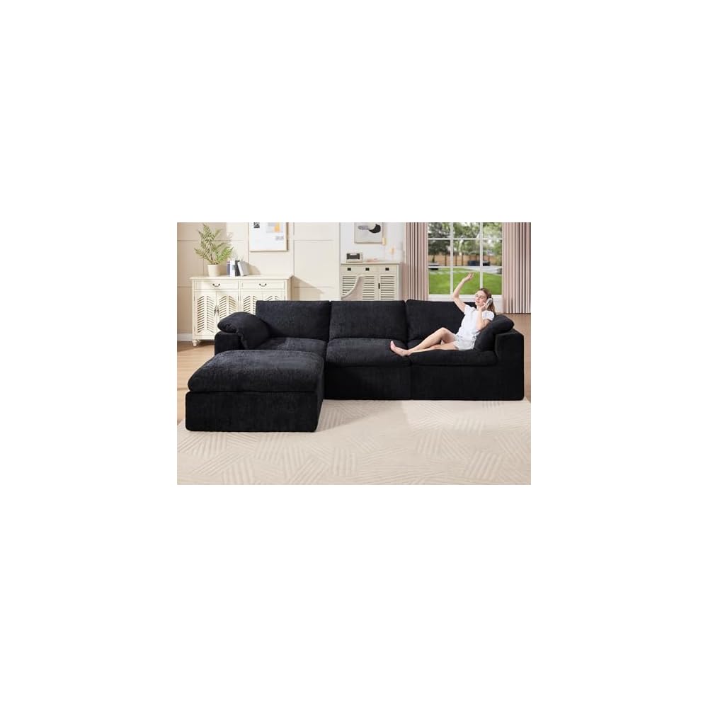 120" Cloud Modular Sectional Sofa, No-Assembly Chenille Couch, Black