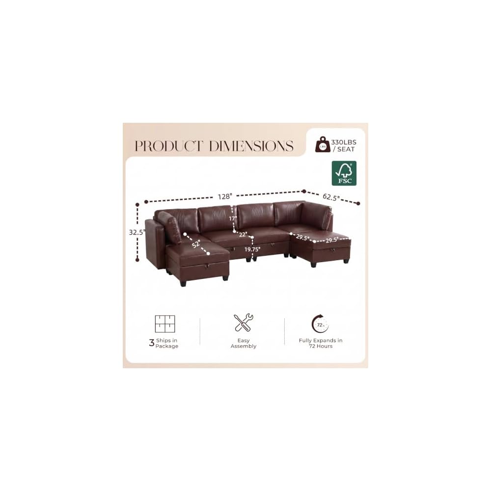 128" Faux Leather Modular Sectional Sofa with Storage, 6 Seater Waterproof & Scratch Resistant Leather Sectional Sofa, U Shaped Couch with Storage, Oversized Brown Sectional Couches for Living Room