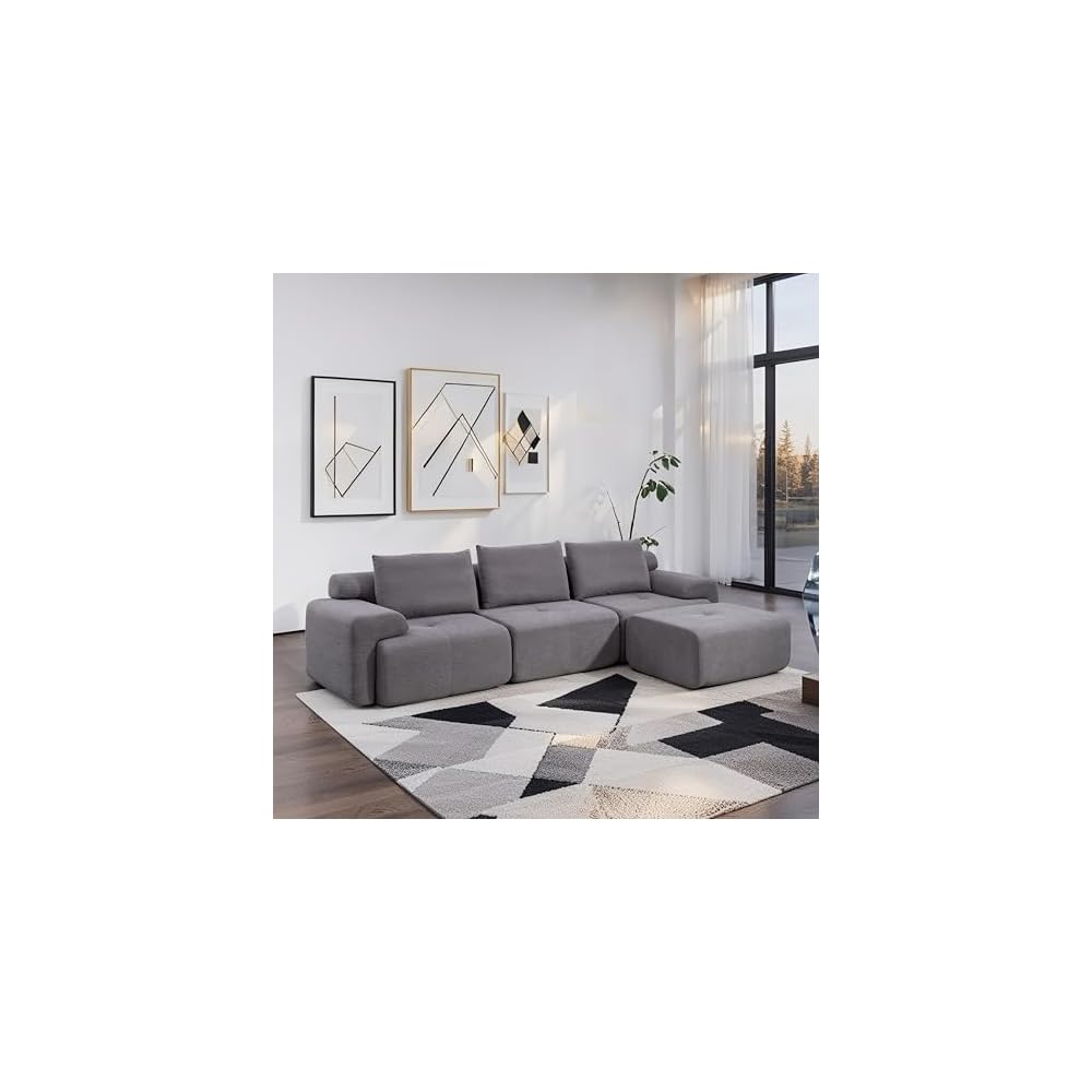 120" Modern L-Shaped Modular Sectional Sofa, No Assembly Modular Boneless Couch Oversized 3-Seater Cloud Couch with Deep Seat and Movable Ottoman for Living Room-Corduroy Upholstery Grey