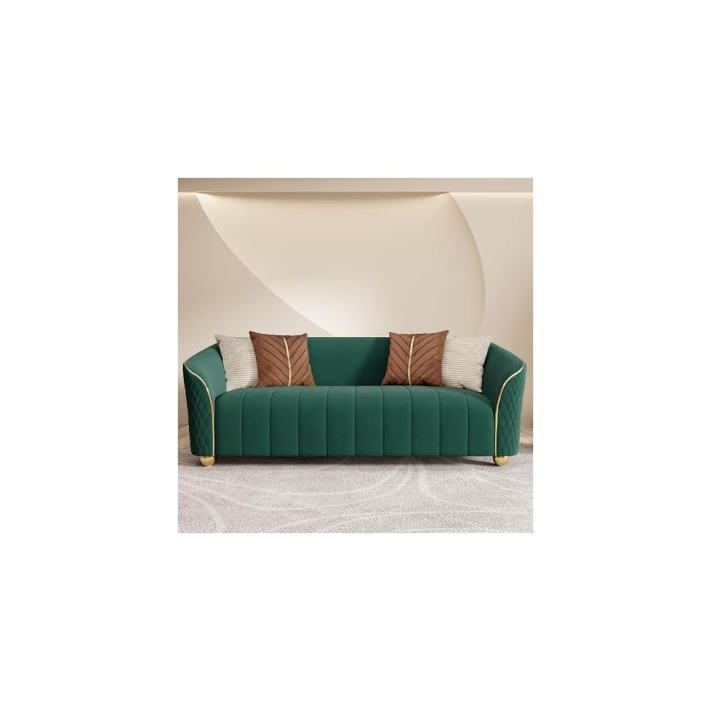 1-Piece Luxury Velvet Sofa Set for Living Room, Elegant Design Couch Set with Curved Armrests and Gold Edge Trim, Tufted Upholstered Couch with Gold Metal Legs (Green, 3 Seater)