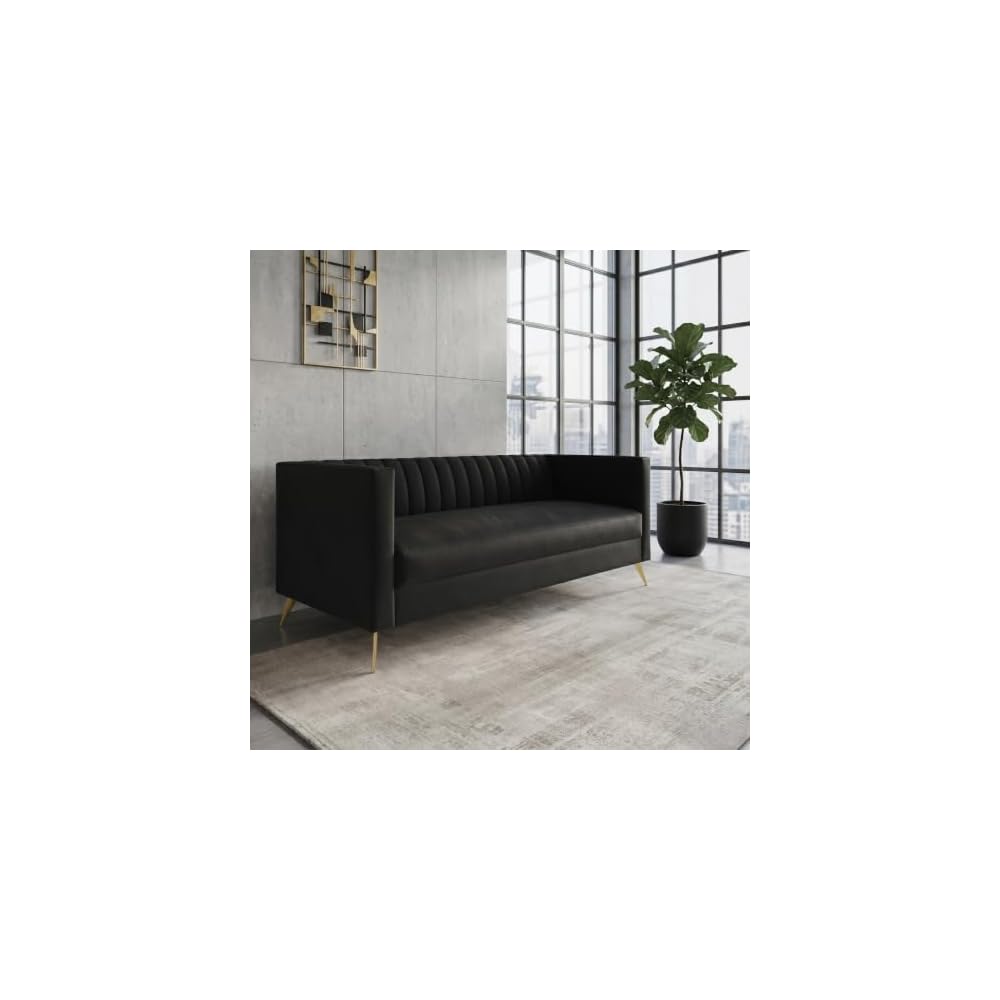 Weiss Velvet Channel Tufted Sofa, Black