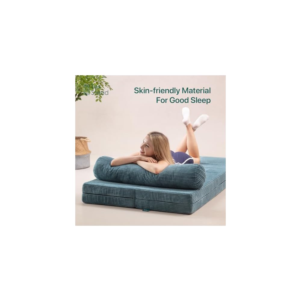 75" Folding Sofa Bed Convertible Futon, Twin Size Sleeper Couch, Washable Velvet Corduroy Cover & High-Density Foam, 2-in-1 Floor Mattress, No Assembly for Living Room/Dorm Blue