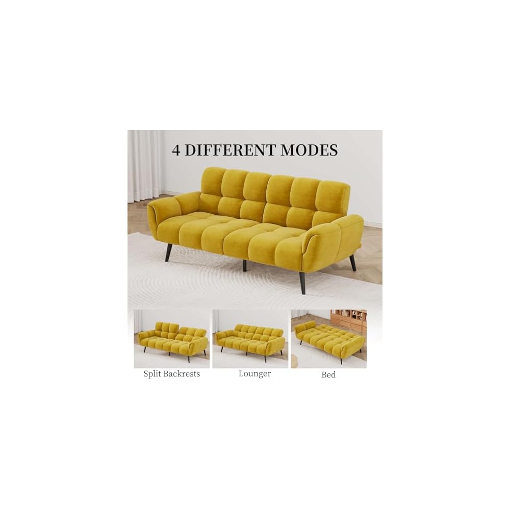 Convertible Futon Sofa Bed, 76.77" Modern Linen Futon Couch, Comfy Sleeper Sofa with Adjustable Backrests, Couch Bed for Small Spaces, Living Room, Bedroom, Apartment, Golden Yellow
