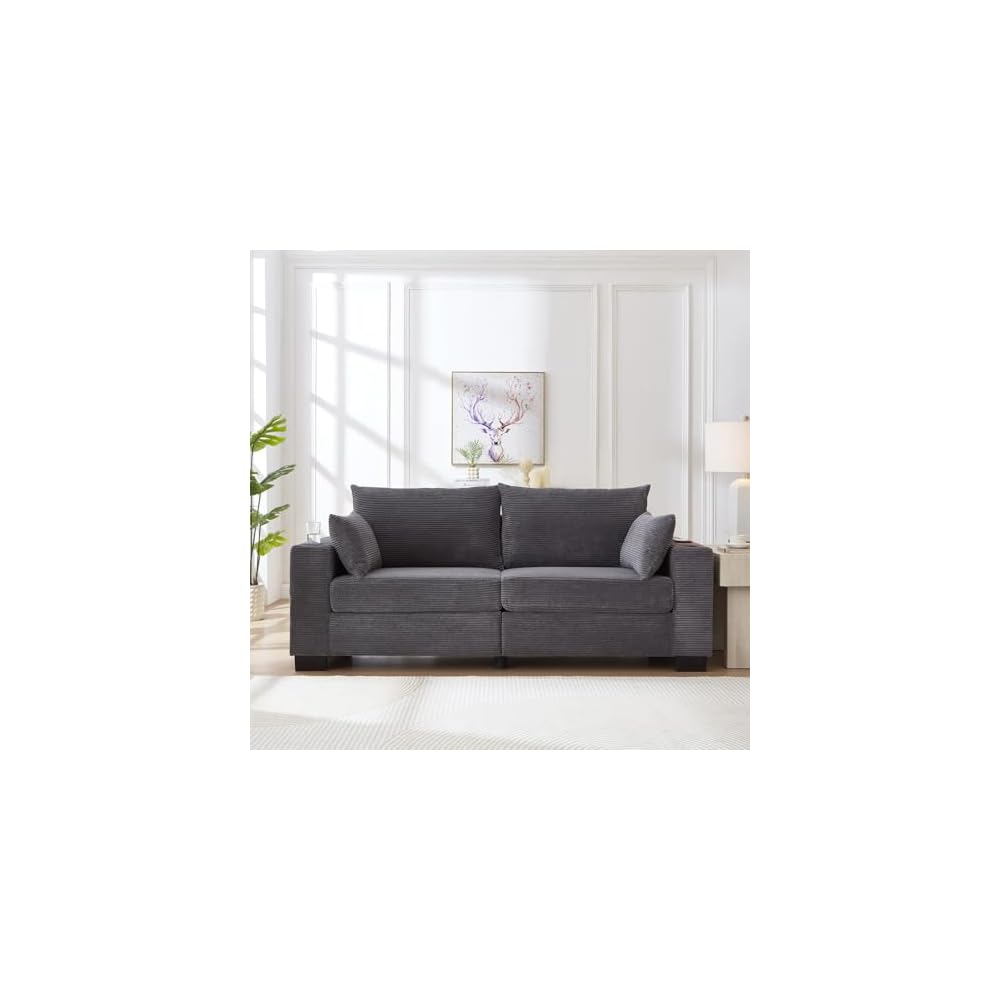 78" Corduroy Sofa Couch, 3 Seater Modern Upholstered Couch with USB and Cup Holders, Deep Seat Comfy Oversized Loveseat Sofa with Storage Pockets for Living Room, Apartment, Home Office, Grey