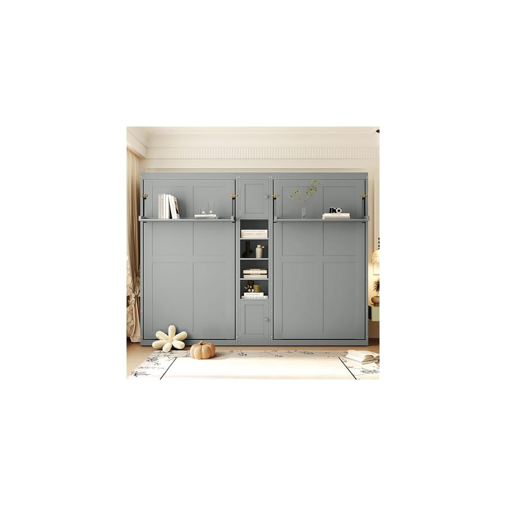 Dual Twin Murphy Beds with Storage Shelves and Cabinets, Pine Wood Space-Saving Hideaway Double Murphy Wall Beds with Storage,Support Legs and Slats