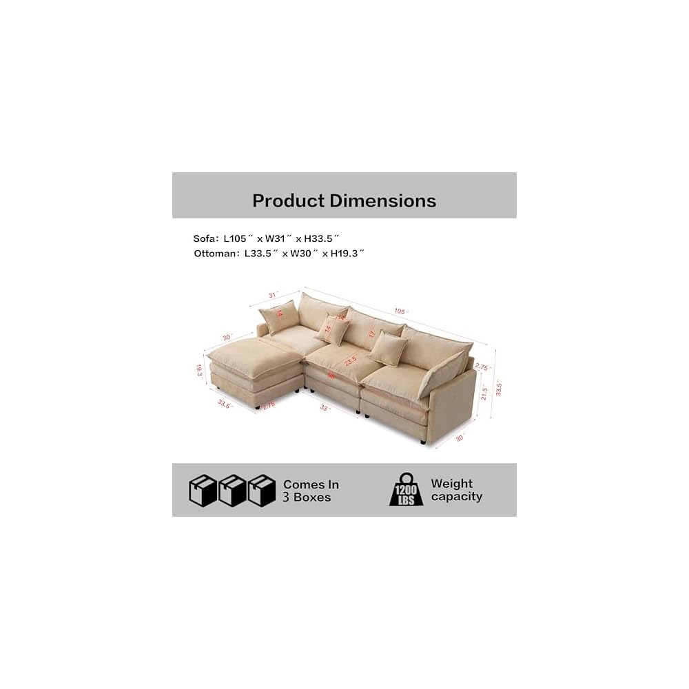105" Oversized Modular Cloud Sectional Sofa Free Convertible L-Shaped Corner Sectional with Movable Ottoman, Chenille Upholstered Multiple Cushions Cloud Sofa Couches