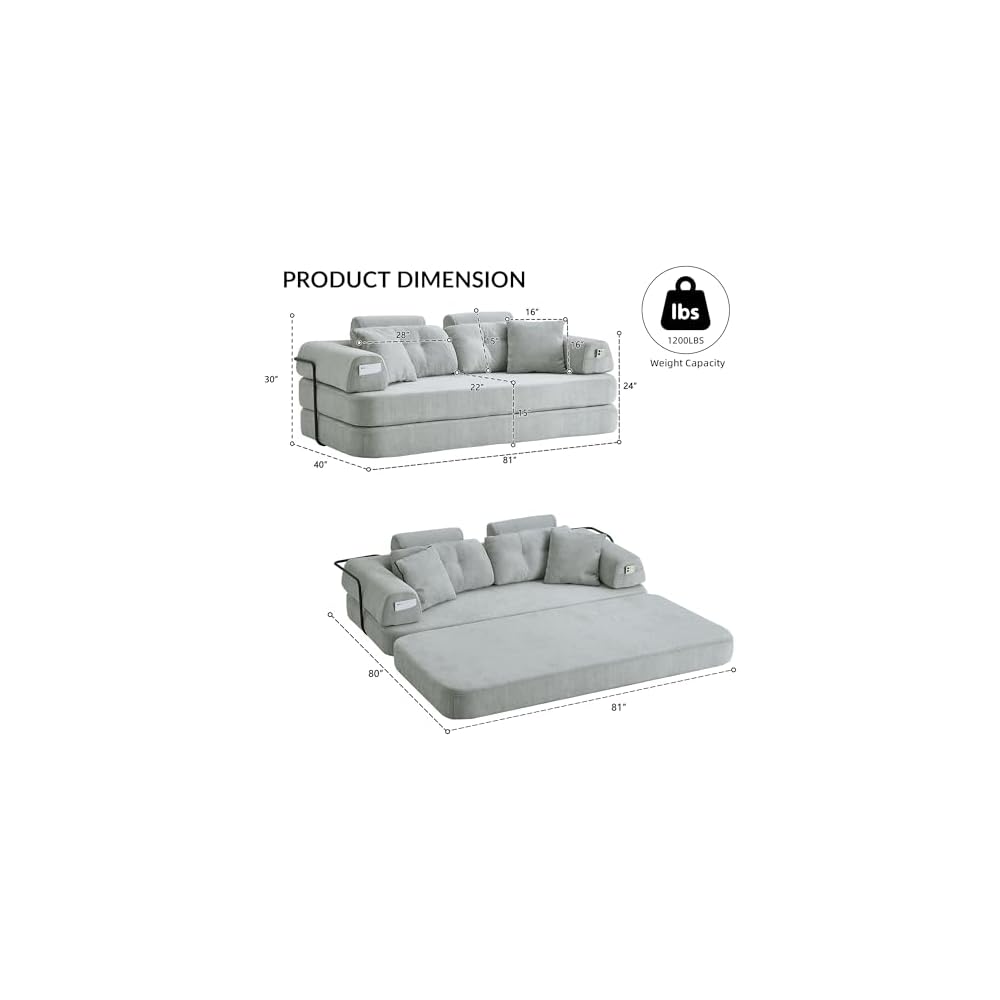 Convertible Floor Sofa Bed with High Headrest, Boneless Loveseat Sleeper Couch with 2-in-1 Blanket Pillows, Memory Foam Futon Sofa for Apartments (Grey)