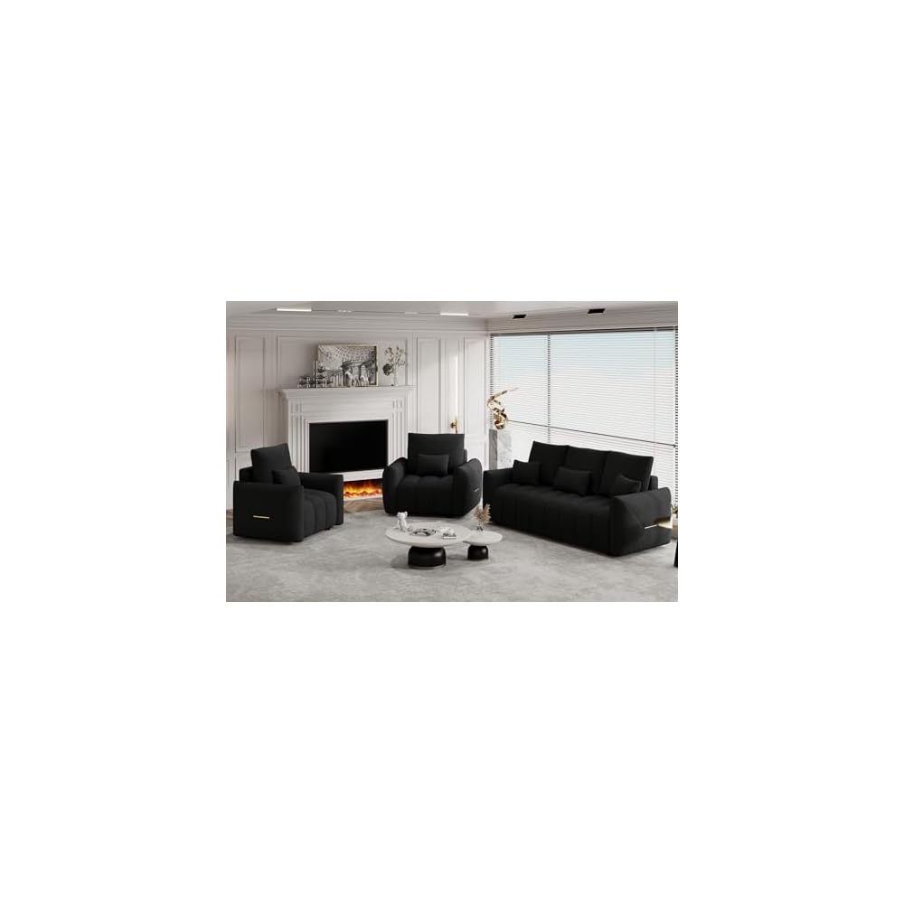 3 Piece Cloud Couch Sofa for Living Room, Modern Sofa Chair and 3-Seater Teddy Sectional Couches with Pillows and Back Cushions, Comfy Deep Seat Oversized Sofa for Bedroom, Apartment, Black