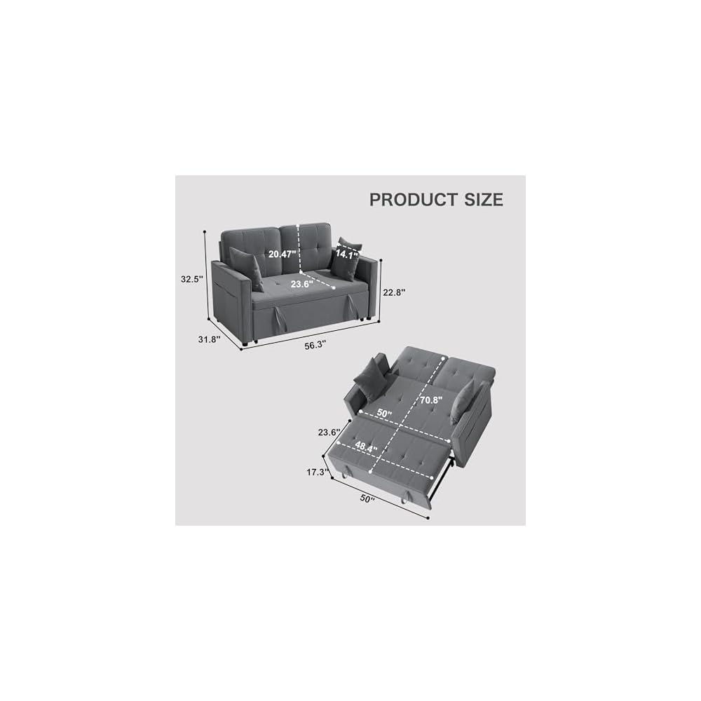 Pull Out Sofa Bed: 56" Gray 3 in 1 Convertible Sleeper Sofa Bed