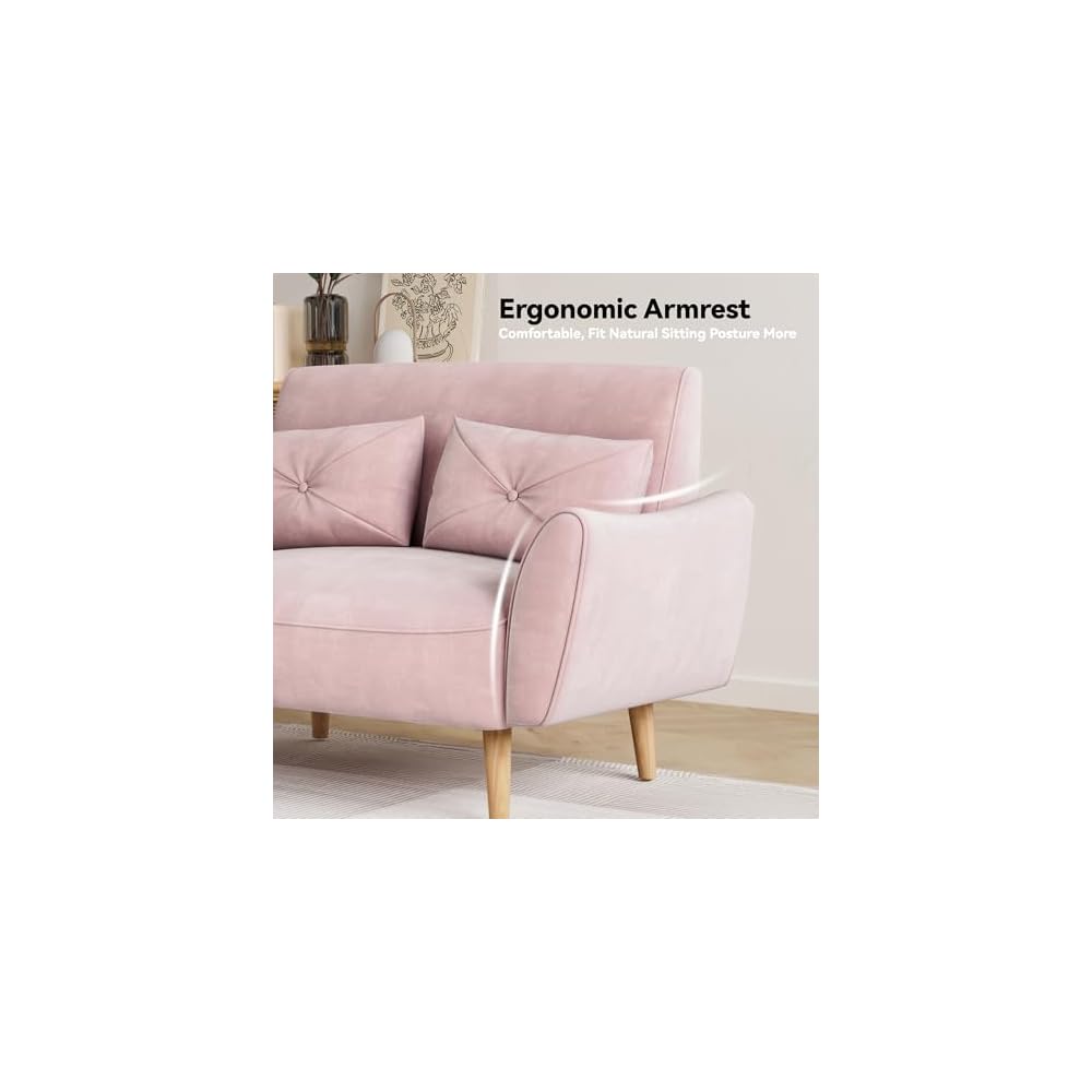 Loveseat Sofa, 47" Velvet Couch for Bedroom, Convertible Wooden Tray & Ergonomic Armrest, for Small Space, Apartment, Living Room, Home Office, Easy Assembly, Pink