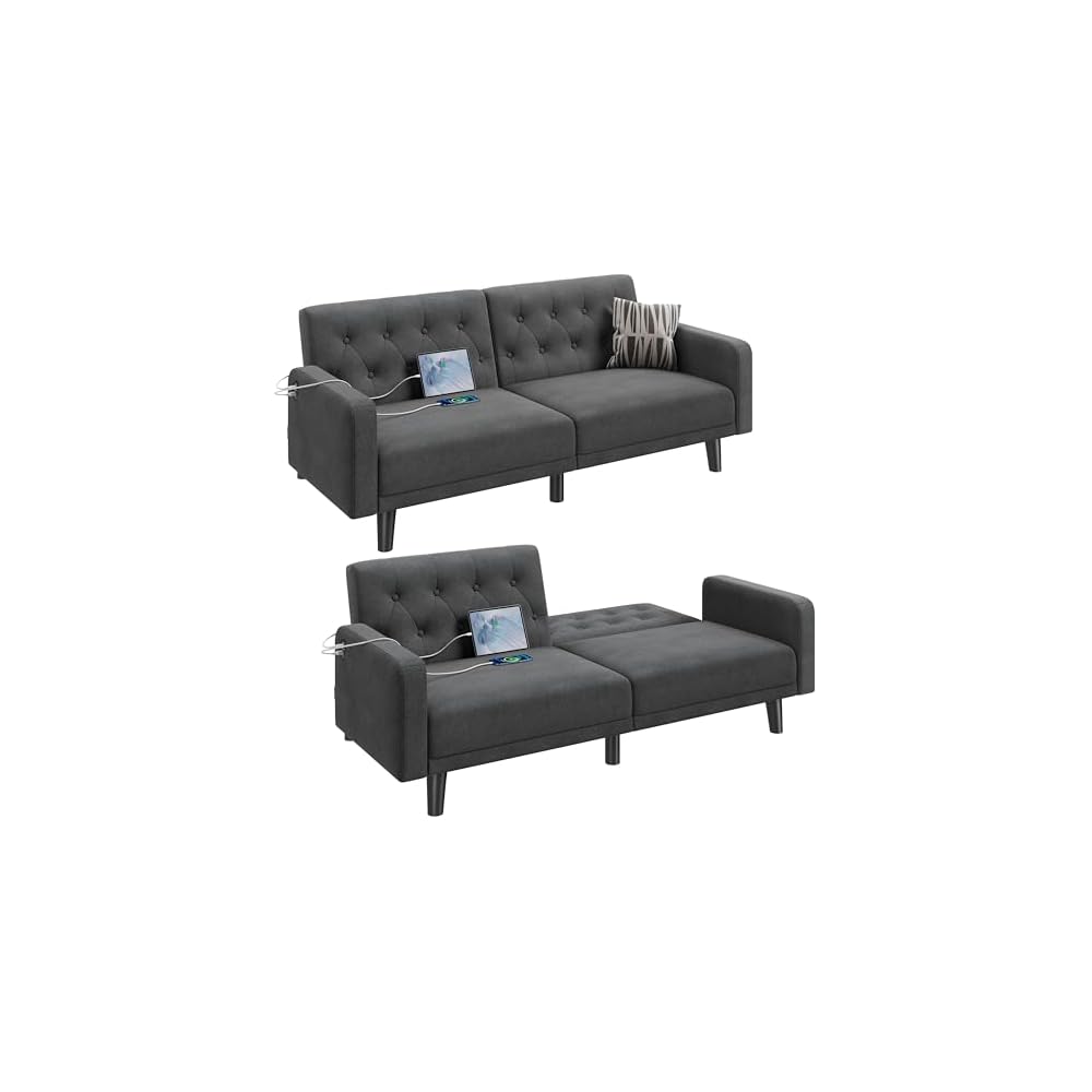 63" Small Futon Sofa Bed, Convertible Couch with USB, Dark Gray
