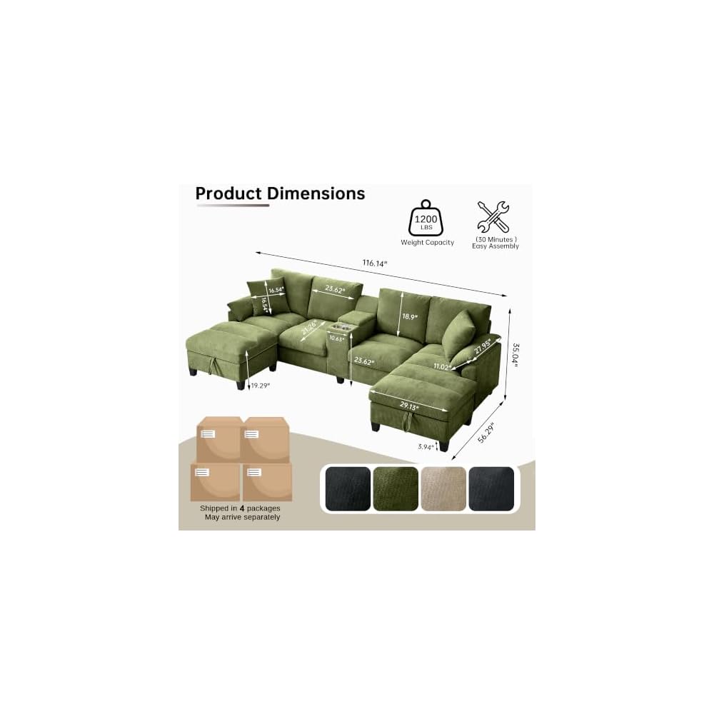 116" U Shaped Couch with with Double Chaise Lounges & Storage Console, Sectional Sofa Set with Storage Ottoman | USB Charging Ports, 4-Seat Couch with Cup Holder, Modern Couches for Living Room, Green