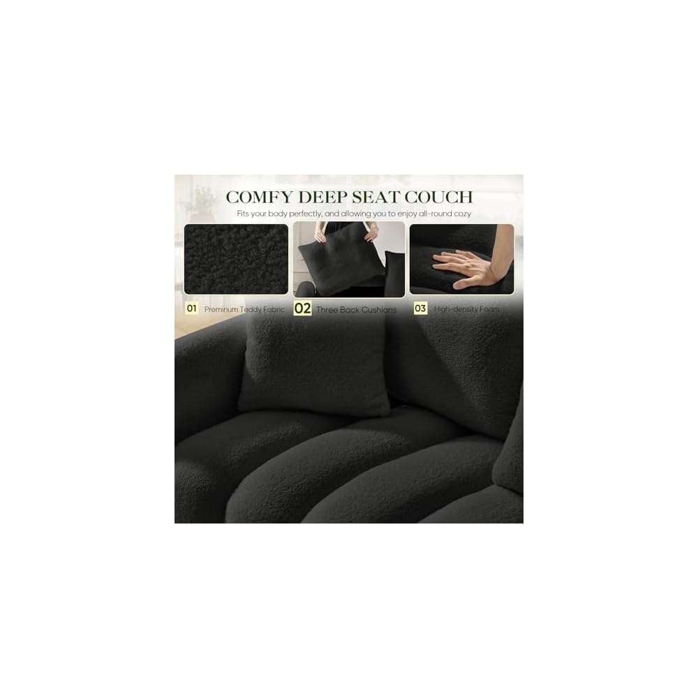 3 Piece Cloud Couch Sofa for Living Room, Modern Sofa Chair and 3-Seater Teddy Sectional Couches with Pillows and Back Cushions, Comfy Deep Seat Oversized Sofa for Bedroom, Apartment, Black